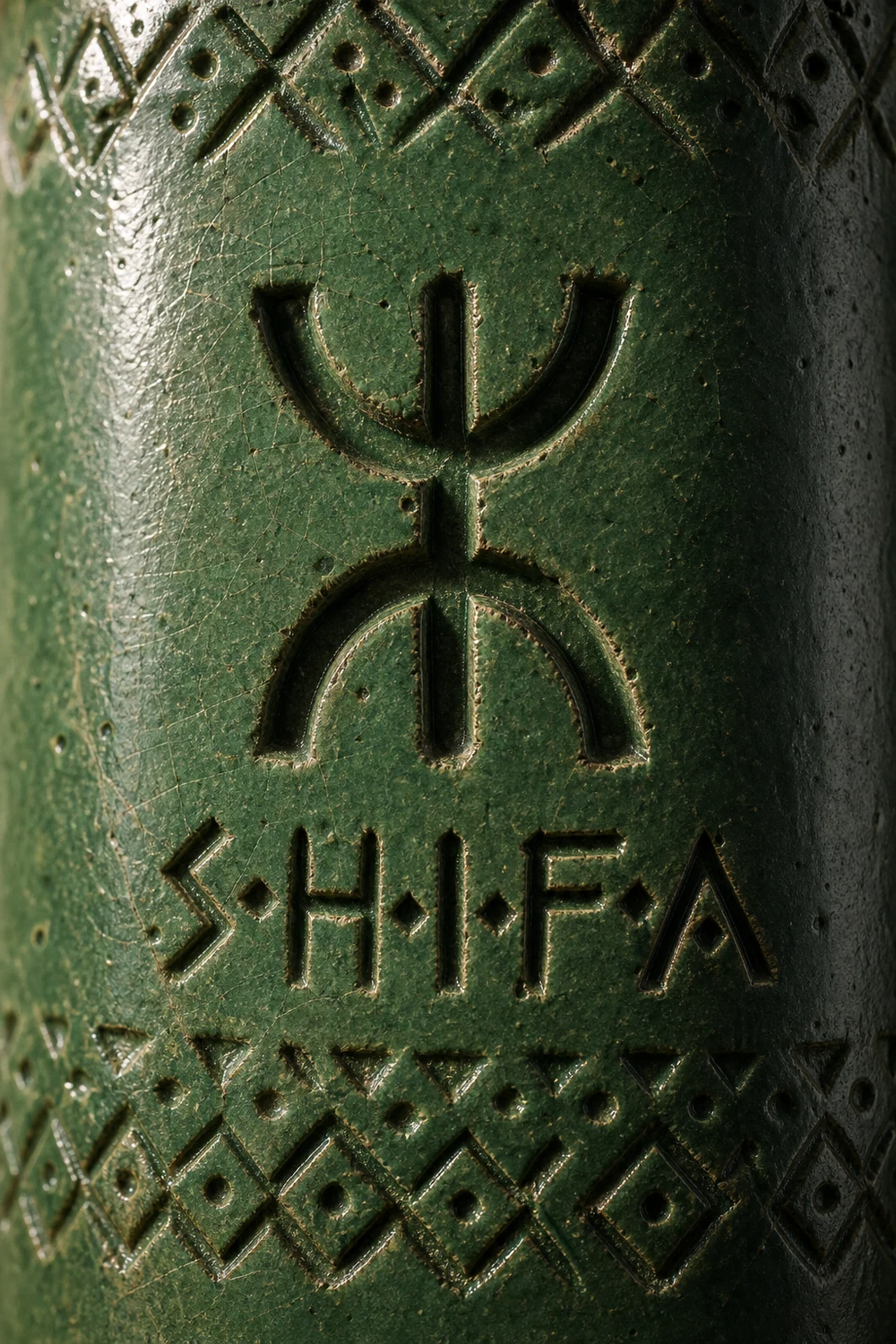 Yaz mark pressed into green ceramic glaze, a SHIFA vessel concept