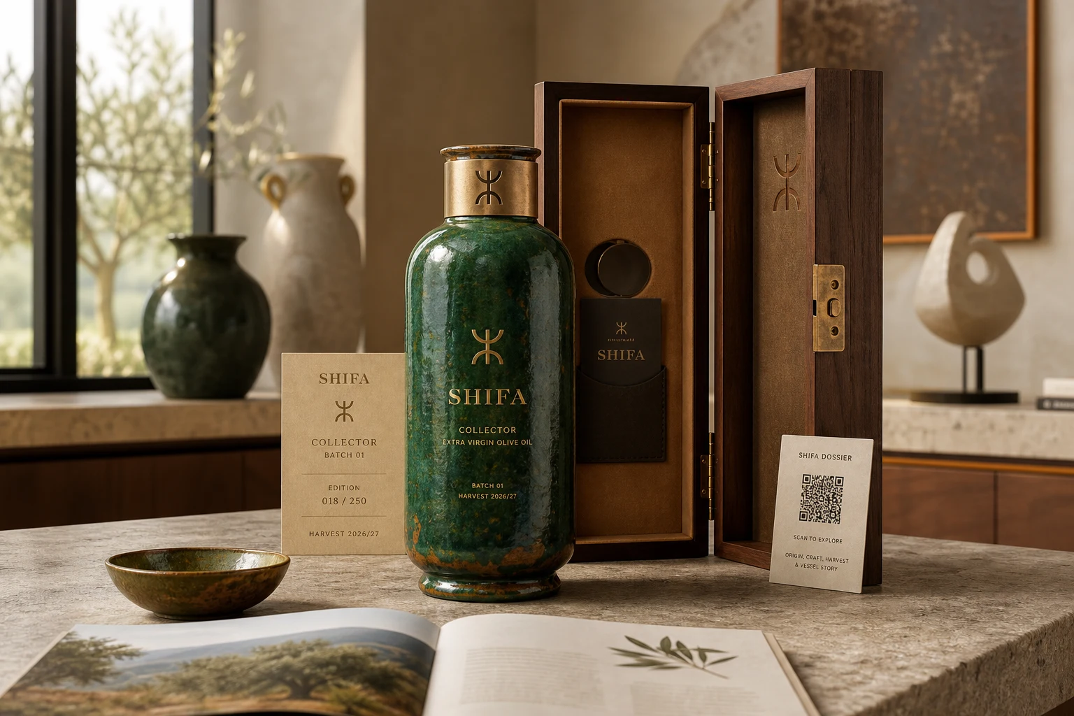 SHIFA ceramic vessel and wooden presentation case in warm light