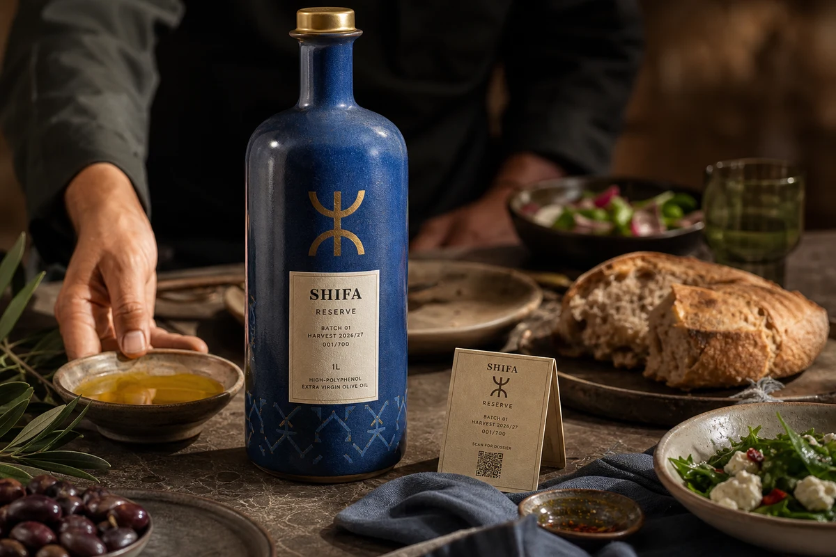 SHIFA cobalt ceramic olive-oil vessel at a shared table, a concept study